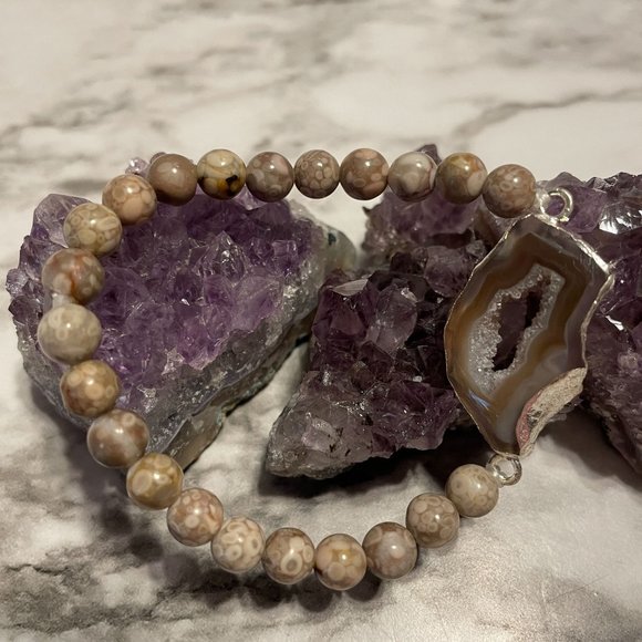 Handmade Druzy Agate Slice Stretch Bracelet Natural Agate Maifanite Beads - Picture 3 of 5